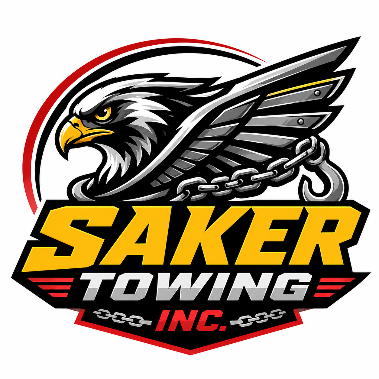 Saker Towing Inc. emblem — 24/7 emergency tow trucks serving Hampton Roads, Virginia